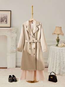 SHEIN MOD Christmas Plus Size Elegant Commuter Solid Color Double-Breasted Satin Trench Coat,Fall Clothes For Women