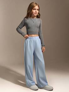 Hanevo Tween Girl 1pc Textured Fabric White Casual Comfortable Long Pants, Summer New Arrival - Mint Blue - View 6
