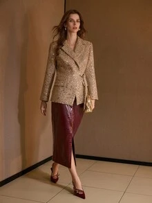 MOTF PREMIUM SEQUINS LAPEL COLLAR D-RING BELT COAT - Khaki - View 7