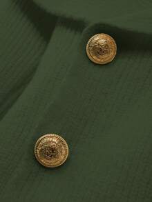 SHEIN LUNE 女式简约时尚十字领纯色插肩袖金属纽扣修身开衫 - 軍綠色 - 查看 4