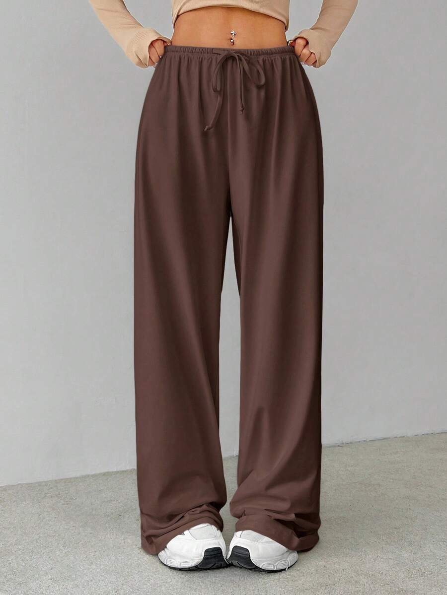 SHEIN Tall Quần baggy dệt kim màu trắng mềm mại, quần rộng - Cà phê nâu - Xem 1