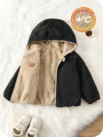 SHEIN Vändbar vadderad kappa med huva för babypojkar, termofodrad förtjockad vinterjacka, varm och mjuk, bekväm, avslappnad, grafiskt tryck, matchande ytterkläder, lämplig för inomhus, utomhus, vardag, sport, lek, fest, fotografering, helgdagar under höst-/vintersäsongen, vinterjackor för småbarn, jacka för babypojkar, vinterjacka för babypojkar, vändbar jacka för babybjörn