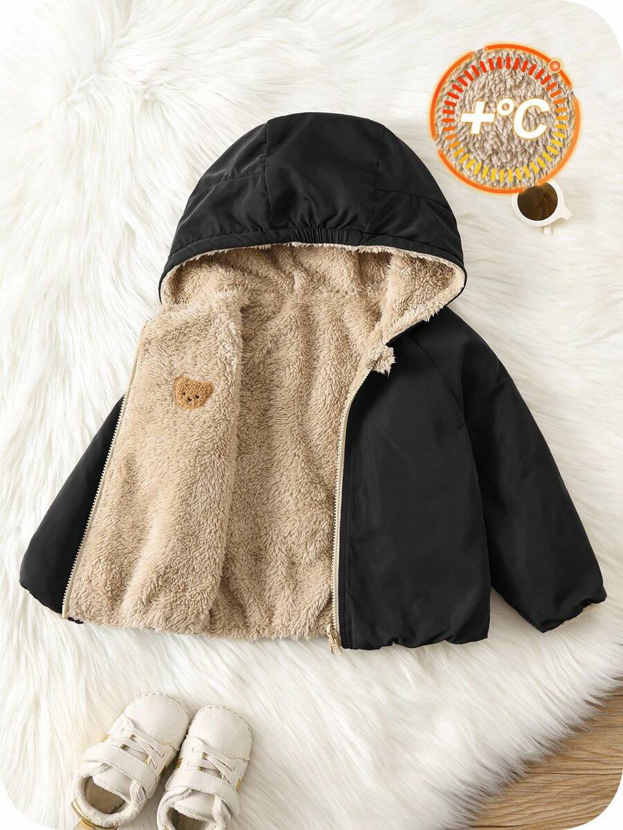 SHEIN 男婴双面连帽加厚羽绒服，保暖内衬，柔软舒适，休闲百搭印花外套，适合室内、室外、日常、运动、玩耍、聚会、拍照、秋冬季节等各种场合。幼儿冬季外套，男婴外套，男婴冬季外套，双面外套，小熊图案外套。 - 黑色 - 查看 1