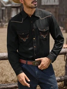Manfinity Nomadique 男士刺绣设计单排扣休闲长袖衬衫，秋季 - 黑色 - 查看 5