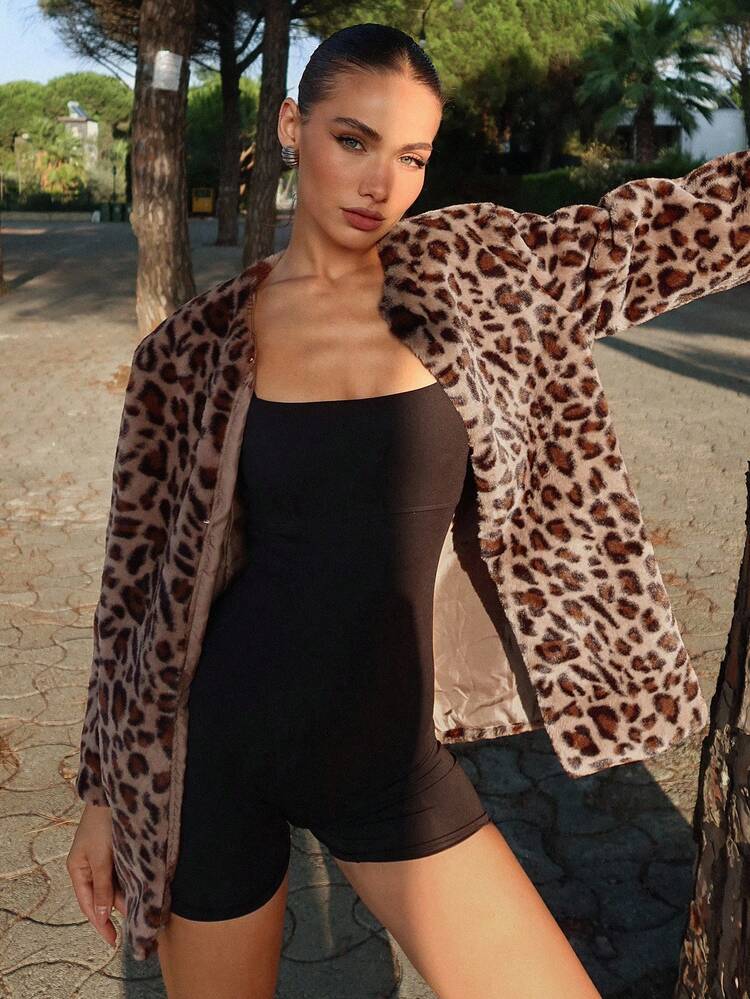 Women's Leopard Print Crew Neck Long Sleeve Fluffy Jacket Women Coats