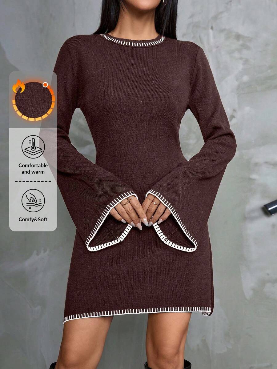 EURMUSE Women Color Block Sweater Dress With Striped Edges,Petite - Coffee Brown - View 1