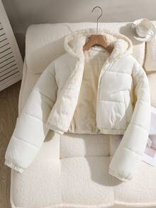 SHEIN 少女休闲短款连帽棉衣，保暖内衬，宽松版型，舒适，适合秋冬季日常穿着、户外、派对、拍照