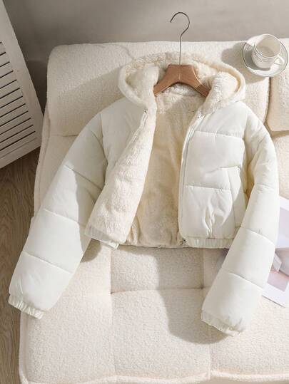 SHEIN 少女休闲短款连帽棉衣，保暖内衬，宽松版型，舒适，适合秋冬季日常穿着、户外、派对、拍照