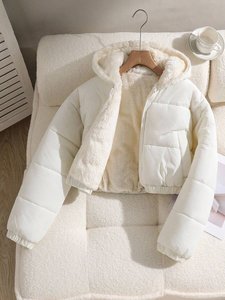 SHEIN 少女休闲短款连帽棉衣，保暖内衬，宽松版型，舒适，适合秋冬季日常穿着、户外、派对、拍照