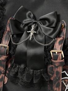 ROMWE Grunge Punk Leopard Print Bow Lace Backpack - Black - View 4