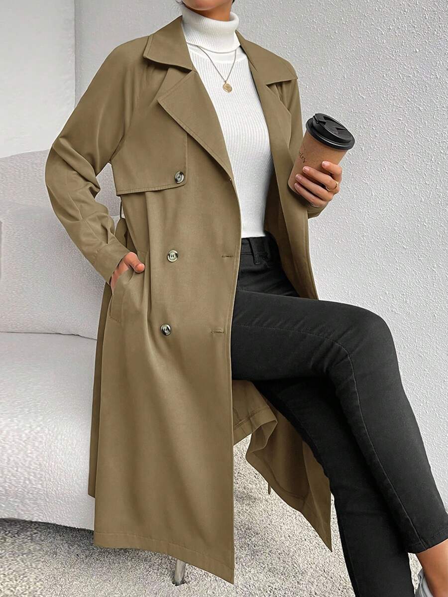 SHEIN Essnce Women's Solid Color Lapel NeckLong Sleeve Double-Breasted Casual Commuter Trench Coat, Autumn
