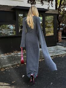 Elyressa Women's Minimalist Solid Color Hollow-Cut Long Sleeve Dress, Autumn - Grey - View 2
