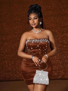 Maweii Plus Size Women's Sexy Strapless Ruched Pearl Studded Design Versatile Party Bodycon Mini Dress, New Arrival - Brown - View 5