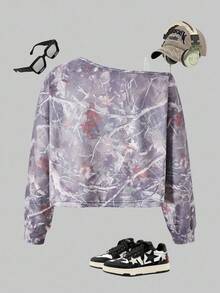 Fashionable Casual Oblique Shoulder Long Sleeve Grey T-Shirt For Tween Girls - Multicolor - View 2