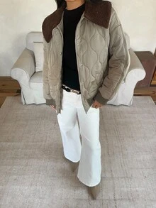 Aloruh 谷仓风格拼布领常规版型长袖女士棉衣秋冬装 - 軍綠色 - 查看 7