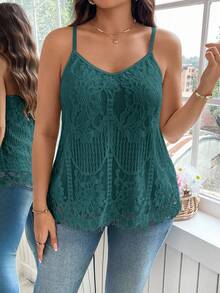 SHEIN Clasi Camisola de renda elegante de cor sólida plus size - Verde escuro - Ver 6