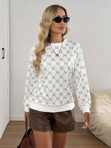 Easowa Women's Geometric & Letter Print Knit Pullover T-Shirt, Casual Loose Elegant Commuter Vintage Style Long Sleeve Top White Blouse White Sweater White Long Sleeve Top White Knit Top Autumn Winter Clothes For Women