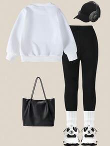 SHEIN Explorewe Set Hoodie Gaya Jalanan untuk Anak Perempuan, Cocok untuk Aktivitas Luar Ruangan Musim Semi & Gugur, Pakaian Kasual Anak-anak: Sweatshirt Rajut Bermotif & Legging - Putih - View 2
