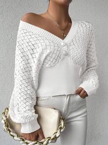 EURMUSE V-Neck Button Casual Long Sleeve Pullover Solid Color Knit Sweater - White - View 4