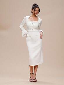 Modelyn Elegant midiklänning med fransar och manschetter för kvinnor - Aprikos - Visa 3