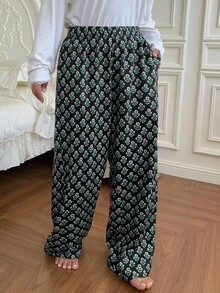 Dazy Plus Celana Tidur Ukuran Besar Motif Bunga Seluruh Permukaan dengan Lapisan Termal, Gaya Nenek, Musim Dingin - Dark Green - View 5