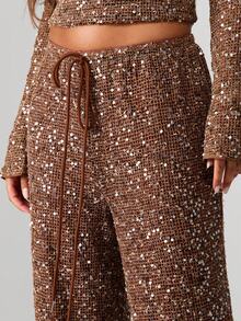 MISSGUIDED Sequin Wide Leg Palazzo Party Pants Glitter Statement Evening Wear Occasion Holiday Festival Clubwear Formal Winter Fall Sparkle - Brown - View 4