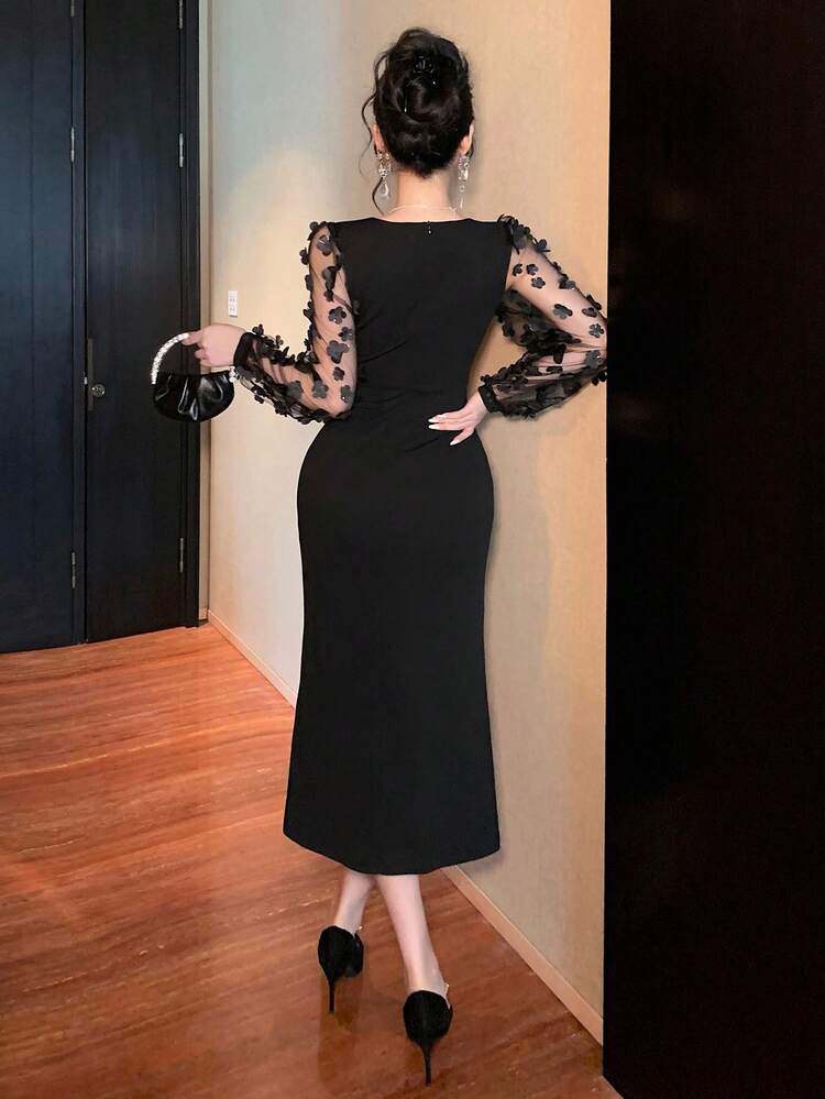 Women's Elegant Patchwork Square Collar Slit Fishtail Midi Dress, Autumn Prom Dress