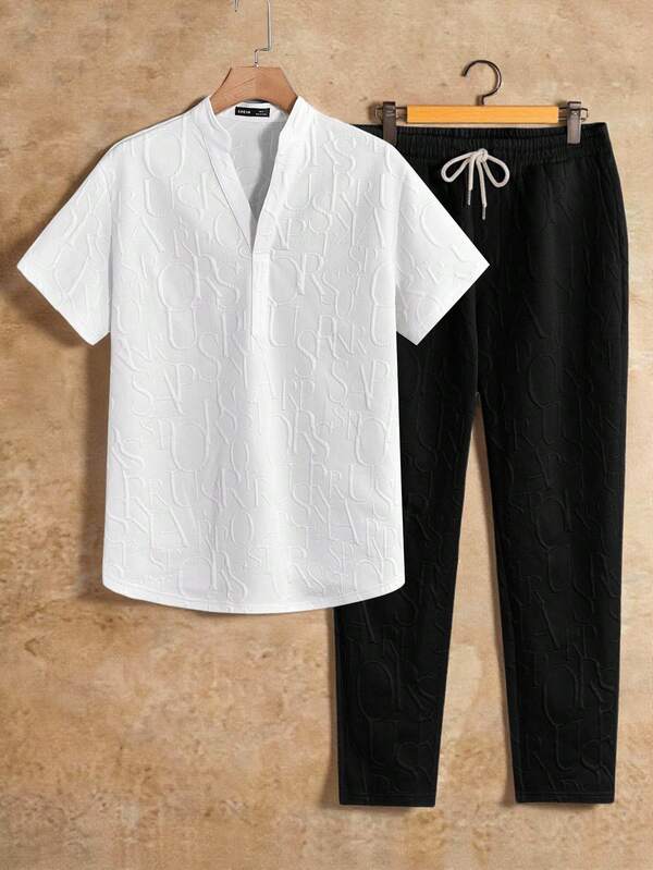 Manfinity NXTstreet 2pcs/Set Men's Loose Letter Embossed Notch Collar Short Sleeve Top And Pants Casual Outfit