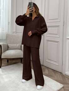 EURMUSE Rib Pattern Polo Neck Sweater And Pant 2pcs Set - Brown - View 4
