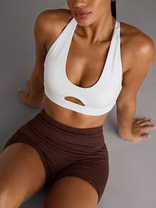 SHEIN BAE Women's Solid Color Hollow Simple Fitted Casual Sports Bra - White - View 3