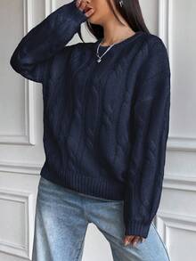 Flirla Loose Fit Women's Round Neck Drop Shoulder Long Sleeve Cable Knit Sweater, Autumn/Winter - Blue - View 5