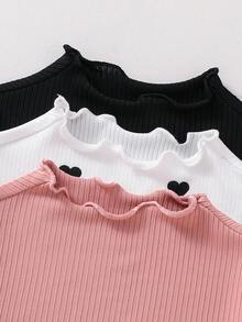 SHEIN 3件套少女纯色针织心形图案荷叶边领休闲T恤 - 彩色 - 查看 4
