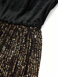 Ellevyn 女式圆领长袖网眼透明黑色天鹅绒心形领口收腰 A 字形亮片串珠面料优雅日常穿着和派对连衣裙，秋冬