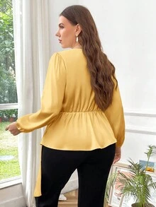 SHEIN Privé Plus Size Women Elegant Solid V-Neck Asymmetrical Pleated Faux Pearl Beaded Ruffle Hem Long Sleeve Blouse, Versatile For Work And Casual Wear, Spring/Autumn