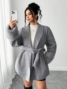 SHEIN Elenzya 大码女士优雅长袖流苏系带外套，秋冬款 - 灰色 - 查看 1
