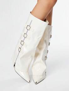 ROMWE Grunge Punk Botas altas hasta el muslo con tacón grueso y punta puntiaguda para mujeres, modelo 2025 con hebilla y suela antideslizante, versátiles botas de montar - Blanco - Ver 1