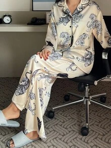 DAZY Conjunto de pijama de mujer con estampado animal de satén, ropa de otoño