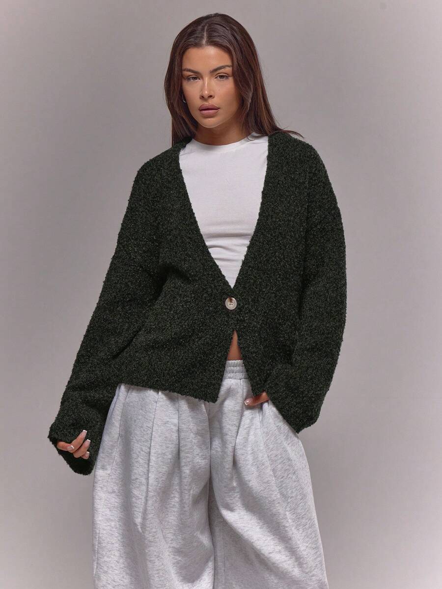 MUSERA 单扣针织开衫 春季 Y2K 90 年代休闲可爱宽松机场度假返校冬季日常 - 深灰色 - 查看 1