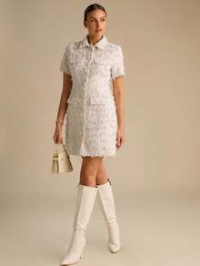 Enchnt Off-White Elegant Women's Single-Breasted Tweed Short Dress,Autumn Fringe Short Sleeve Fashionable Outfits,Chic For Date&Tea Party&Commuting - Beige - View 3