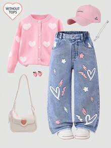 Ripped Heart Print Frayed Edge Straight Leg Jeans For Young Girls, Cute & Casual, Suitable For School, Outing, Party Fall Winter