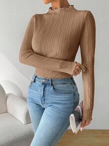 SHEIN Essnce 女士春夏秋季纯色荷叶边立领长袖修身T恤 - 咖啡棕 - 查看 6