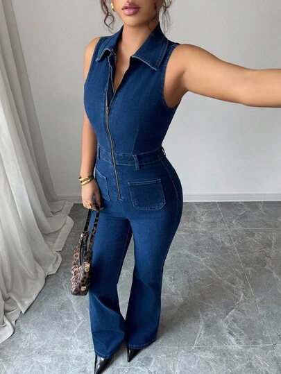 Siren Gaze Women's Sexy Sleeveless Denim Jumpsuit With Elasticity And Pants, Blue