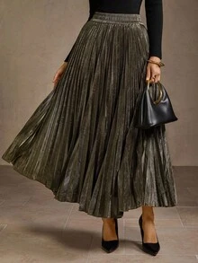 MOTF PREMIUM 女式复古金属褶饰弹力高腰A字裙 - 金色 - 查看 6