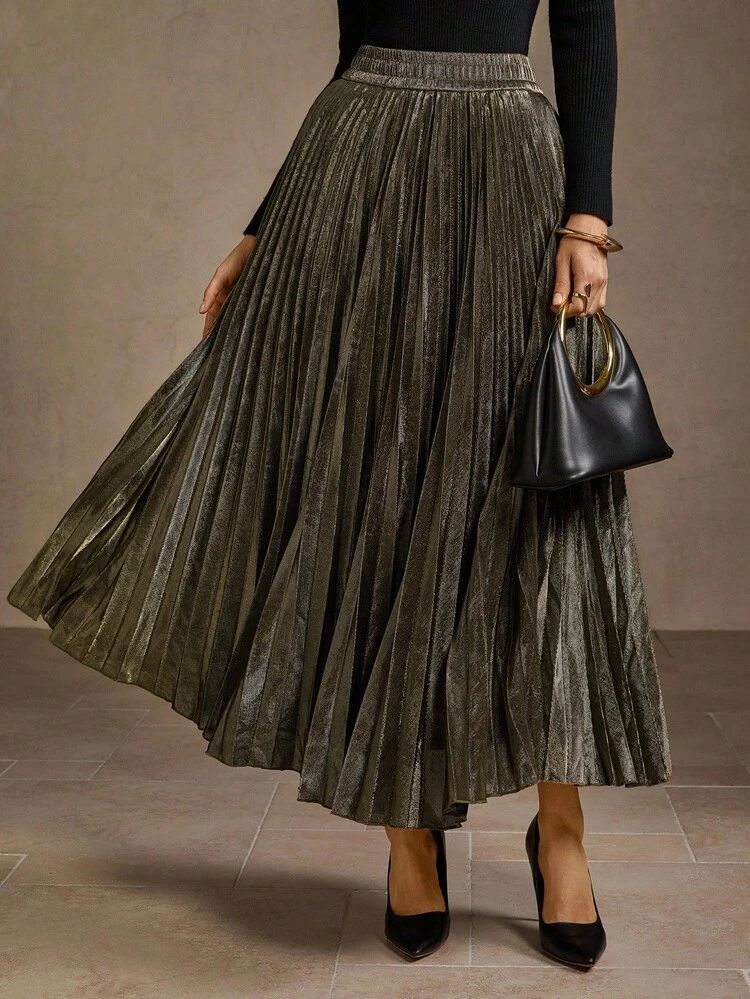 MOTF PREMIUM WOMEN'S VINTAGE METAL PLEATED ELASTIC HIGH WAIST A-LINE SKIRT - Gold - View 6