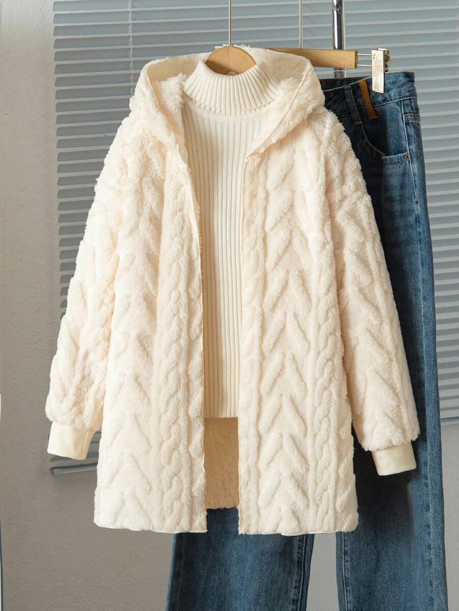 Sparklyn Tween Girls Casual All-Match Versatile Homewear Daily School Wear Cable Knit Striped Fuzzy Collar Open Front Mid-Length Autumn/Winter Jacket - Apricot - View 1