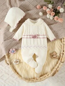 SHEIN Vintaside Kids Newborn Baby Sweater Jumpsuit, Long Sleeve Knitted Jumpsuit With Collar + Knitted Hat, Suitable For Autumn/Winter, Apricot Color, Versatile For Daily Wear, Twist Rope & Cable Design, Elegant & Cute, Suitable For Home, Outings, Travel, Daycare Baby Girl Knitted Outfits Newborn Girl Winter Sets New Born Neutral Outfit Newborn Bow Outfit Baby Girl Neutral Christmas Baby Preppy Clothes For Kids - Apricot - View 5