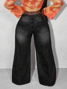Slaydiva Plus Size Casual Washed Thermal Lined Wide Leg Jeans - Black - View 3