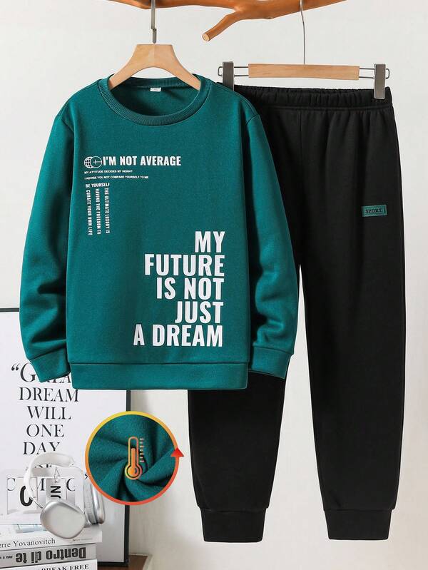 SHEIN 2 pièces/Set Sweat-shirt col rond imprimé lettre décontracté pour garçons préadolescents et pantalon de jogging doublé polaire unicolore épaissi
