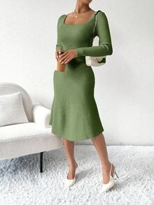 Almamuse Women's Solid Color Square Neck Long Sleeve Casual Knit Dress, Autumn/Winter - Olive Green - View 5