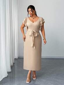 Elenzga 大码女式优雅浪漫V领荷叶边袖收腰连衣裙，春秋季 - 杏色 - 查看 4